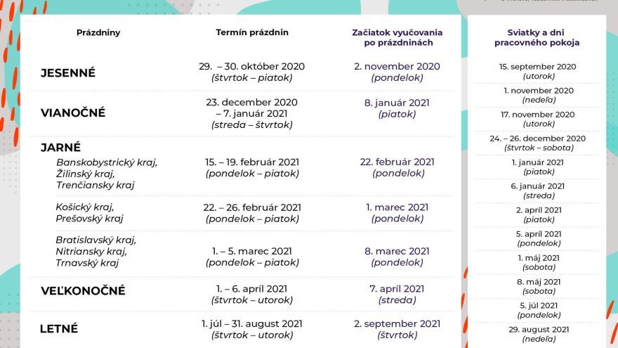 Kalendár prázdniny a voľné dni v školskom roku 2020/2021